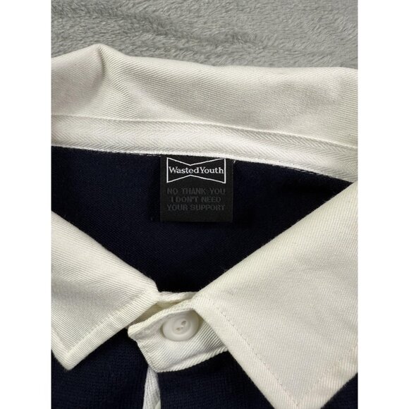 Wasted Youth Rugby Shirt Mens Large Navy Gray Long Sleeve Stripe Cotton - Picture 3 of 10